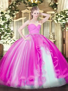 Fuchsia Sleeveless Floor Length Beading and Lace and Ruffles Zipper Sweet 16 Dress