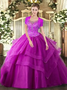 Lovely Fuchsia Ball Gowns Scoop Sleeveless Tulle Floor Length Clasp Handle Beading and Ruffles Sweet 16 Dresses