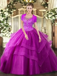 Lovely Fuchsia Ball Gowns Scoop Sleeveless Tulle Floor Length Clasp Handle Beading and Ruffles Sweet 16 Dresses