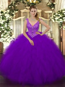 High End Purple Zipper Quinceanera Dress Beading and Ruffles Sleeveless Floor Length