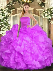 Shining Floor Length Lilac Quinceanera Gowns Organza Sleeveless Ruffles
