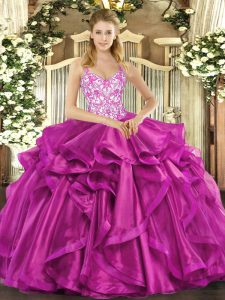 Glamorous Organza Sleeveless Floor Length Ball Gown Prom Dress and Beading and Appliques and Ruffles