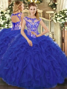Captivating Royal Blue Ball Gowns Organza Scoop Sleeveless Beading and Ruffles Floor Length Lace Up Sweet 16 Dresses
