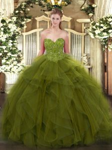 Gorgeous Sweetheart Sleeveless Quince Ball Gowns Floor Length Beading Olive Green Tulle