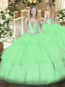 Tulle Sweetheart Sleeveless Lace Up Beading and Ruffled Layers 15 Quinceanera Dress in Apple Green
