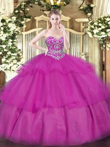 Affordable Fuchsia Sleeveless Floor Length Beading and Ruffled Layers Lace Up Ball Gown Prom Dress