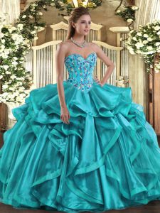 Sweetheart Sleeveless Lace Up 15th Birthday Dress Teal Organza