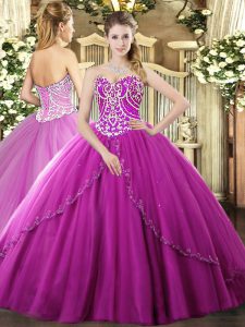 On Sale Fuchsia Sweetheart Lace Up Beading Quinceanera Dresses Brush Train Sleeveless