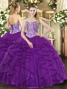 Popular Purple Sleeveless Beading and Ruffles Floor Length Ball Gown Prom Dress