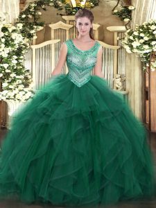 Romantic Dark Green Sleeveless Floor Length Beading and Ruffles Lace Up Sweet 16 Dresses