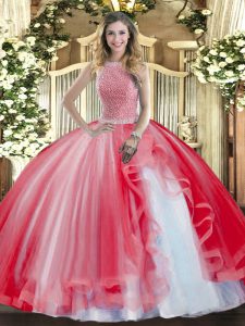 High-neck Sleeveless Quinceanera Gowns Floor Length Beading and Ruffles Red Tulle