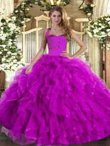 Elegant Ball Gowns Sweet 16 Dress Fuchsia Halter Top Tulle Sleeveless Floor Length Lace Up