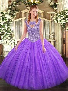 Adorable Sleeveless Floor Length Beading Lace Up Quinceanera Dresses with Lavender