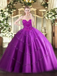 Custom Fit Tulle Sweetheart Sleeveless Lace Up Beading Vestidos de Quinceanera in Fuchsia