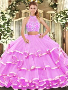 Exceptional Halter Top Sleeveless Tulle Sweet 16 Dress Beading and Ruffled Layers Criss Cross