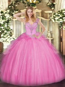 Rose Pink V-neck Lace Up Beading Ball Gown Prom Dress Sleeveless