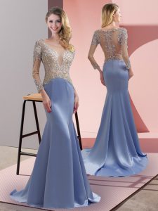 Trendy Scoop 3 4 Length Sleeve Prom Party Dress Brush Train Beading Lavender Elastic Woven Satin