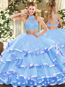 Designer Floor Length Aqua Blue Quinceanera Gown Tulle Sleeveless Beading and Ruffled Layers