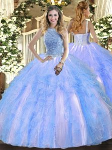 Ball Gowns Ball Gown Prom Dress Baby Blue High-neck Tulle Sleeveless Floor Length Lace Up