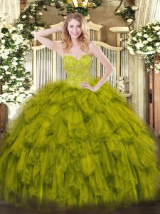 Fabulous Olive Green Sleeveless Floor Length Beading and Ruffles Lace Up 15th Birthday Dress