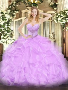 Artistic Lavender Ball Gown Prom Dress Military Ball and Sweet 16 and Quinceanera with Beading and Ruffles Sweetheart Sleeveless Lace Up