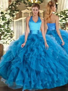 Baby Blue Organza Lace Up Quinceanera Gowns Sleeveless Floor Length Ruffles