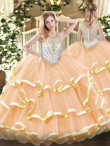 Peach Scoop Zipper Beading and Ruffled Layers Ball Gown Prom Dress Sleeveless