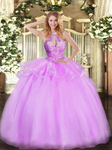 Lilac Lace Up Quinceanera Gown Beading Sleeveless Floor Length