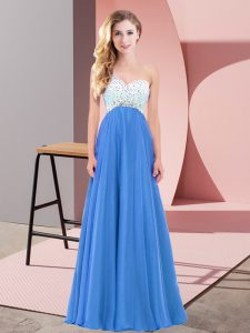 High End Empire Prom Gown Blue One Shoulder Chiffon Sleeveless Floor Length Criss Cross