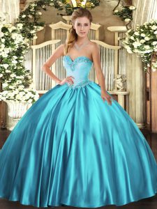 Smart Sleeveless Satin Floor Length Lace Up Sweet 16 Dress in Teal with Beading