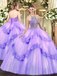 On Sale Lavender Sweet 16 Dress Military Ball and Sweet 16 and Quinceanera with Beading and Appliques Halter Top Sleeveless Lace Up