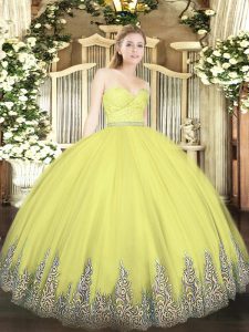 Yellow Sleeveless Beading and Lace and Appliques Floor Length Ball Gown Prom Dress