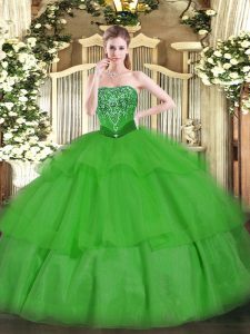 Green Tulle Lace Up 15 Quinceanera Dress Sleeveless Floor Length Beading and Ruffled Layers