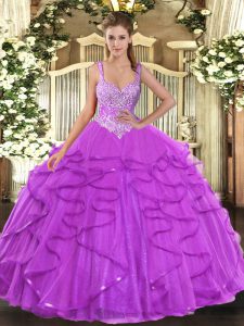 Glorious Eggplant Purple Straps Neckline Beading and Ruffles 15th Birthday Dress Sleeveless Lace Up