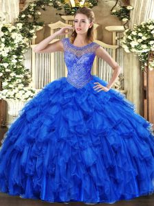 Scoop Sleeveless Organza Quinceanera Dresses Beading and Ruffles Lace Up