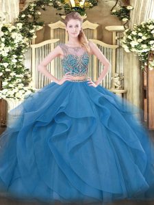 Fashionable Blue Scoop Lace Up Beading and Ruffles Quince Ball Gowns Sleeveless