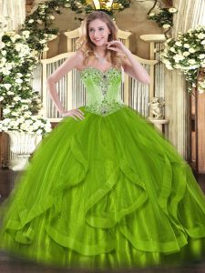 Cheap Olive Green Organza Lace Up Sweetheart Sleeveless Sweet 16 Quinceanera Dress Beading and Ruffles