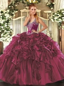 Wonderful Floor Length Burgundy Quinceanera Gowns Organza Sleeveless Beading and Ruffles