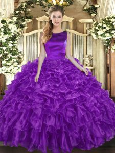 Fancy Floor Length Eggplant Purple Quince Ball Gowns Scoop Sleeveless Lace Up