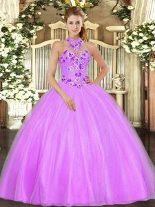 Lilac Tulle Lace Up Halter Top Sleeveless Floor Length Quinceanera Gown Embroidery