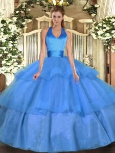 Hot Sale Baby Blue Halter Top Lace Up Ruffled Layers Ball Gown Prom Dress Sleeveless