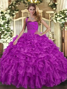 Adorable Organza Halter Top Sleeveless Lace Up Ruffles Sweet 16 Dresses in Fuchsia