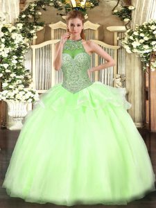 Yellow Green Halter Top Lace Up Beading Vestidos de Quinceanera Sleeveless