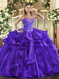 Purple Ball Gowns Embroidery and Ruffles Quinceanera Gown Lace Up Organza Sleeveless Floor Length