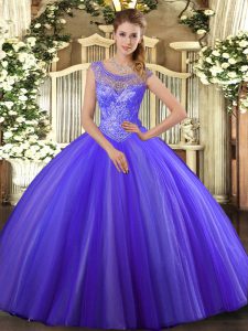 Discount Floor Length Lavender Sweet 16 Dress Tulle Sleeveless Beading