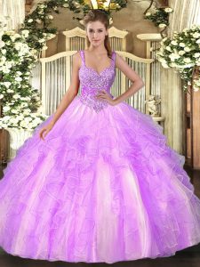 Beading and Ruffles Quinceanera Dress Lilac Lace Up Sleeveless Floor Length