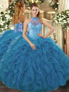 Custom Design Teal Ball Gowns Embroidery and Ruffles Quinceanera Gown Lace Up Organza Sleeveless Floor Length