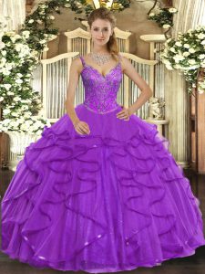 Cheap V-neck Sleeveless Tulle Quinceanera Gowns Beading and Ruffles Lace Up