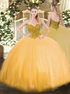 Hot Sale Gold Sleeveless Beading Floor Length Quinceanera Dresses