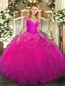 Floor Length Fuchsia Ball Gown Prom Dress Scoop Long Sleeves Lace Up